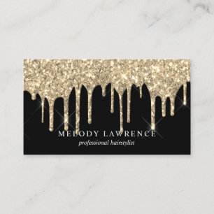 Elegant gold glitter drips black hairstylist business card