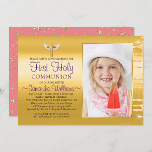 Elegant Gold Glitter Drips Photo First Communion Invitation