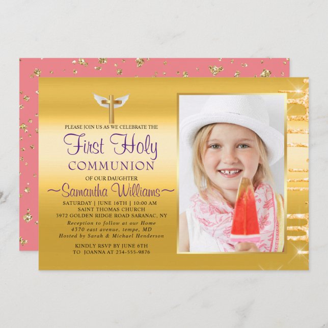 Elegant Gold Glitter Drips Photo First Communion Invitation (Front/Back)