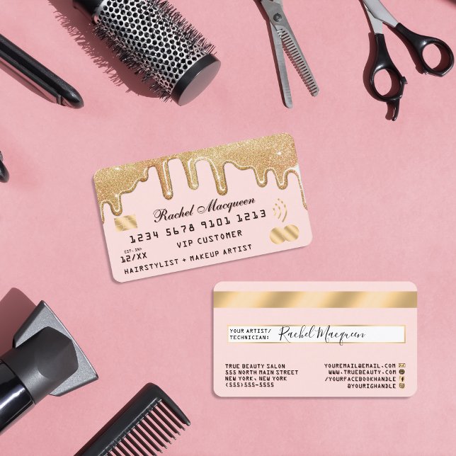 Elegant Gold Glitter Drips Pink Credit Business Card (Creator Uploaded)