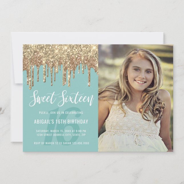 Elegant gold glitter drips sweet sixteen invitation (Front)