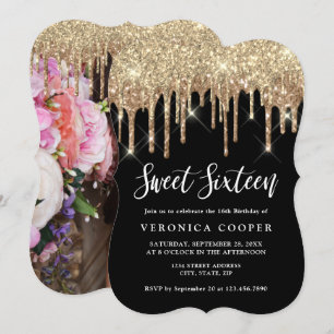 Elegant gold glitter drips sweet sixteen photo inv invitation