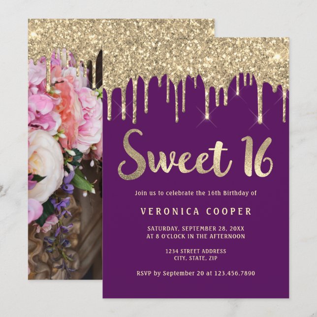 Elegant gold glitter drips sweet sixteen photo  invitation (Front/Back)