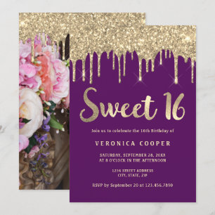 Elegant gold glitter drips sweet sixteen photo  invitation