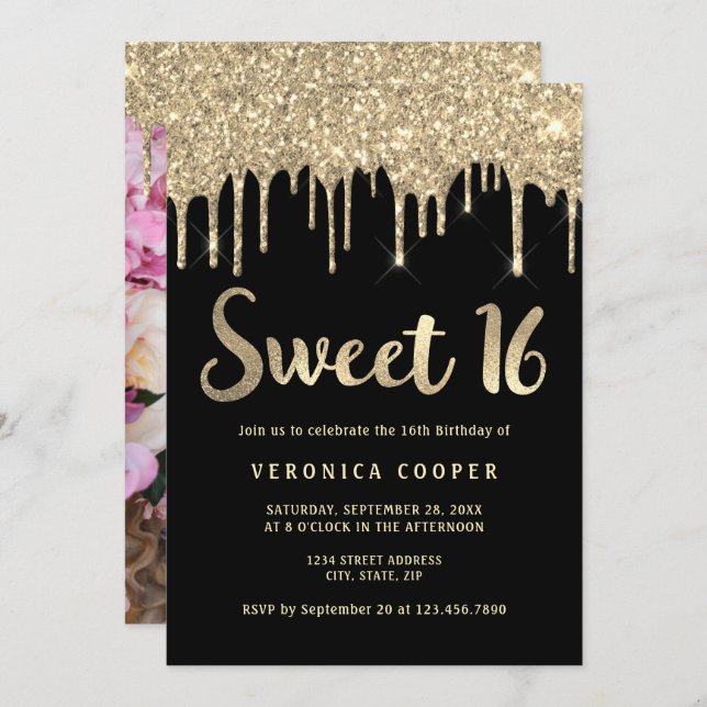 Elegant gold glitter drips sweet sixteen photo invitation (Front/Back)