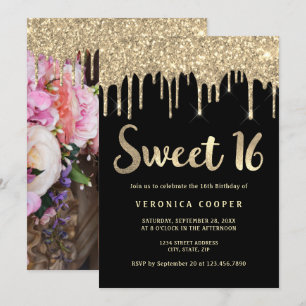 Elegant gold glitter drips sweet sixteen photo invitation