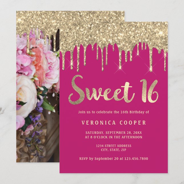 Elegant gold glitter drips sweet sixteen photo invitation (Front/Back)