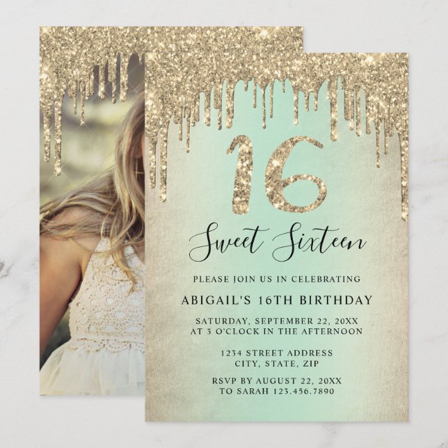Elegant gold glitter drips sweet sixteen photo invitation (Front/Back)