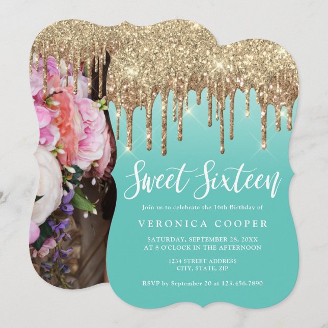 Elegant gold glitter drips sweet sixteen photo invitation (Front/Back)
