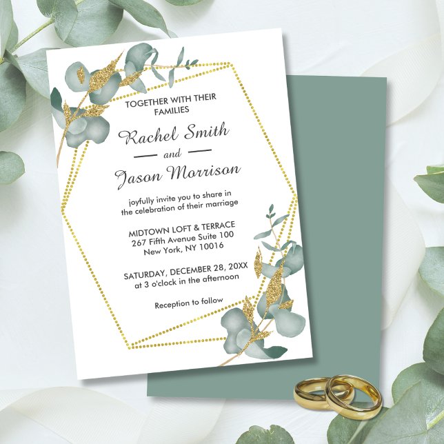 Elegant Gold Glitter Eucalyptus Greenery Wedding Invitation (Eucalyptus Gold Glitter Leaves Geometric Frame Sage Wedding Invitation)