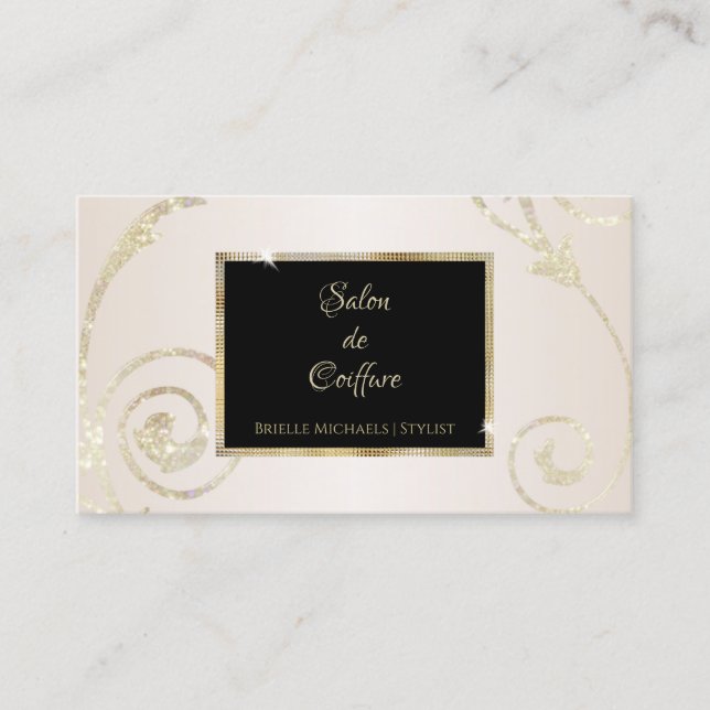 Elegant Gold Glitter Filigree Black Gold Salon Business Card (Front)