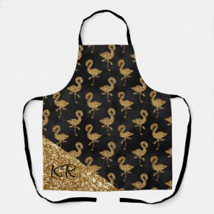 Elegant Gold Glitter Flamingo Pattern Monogrammed Apron