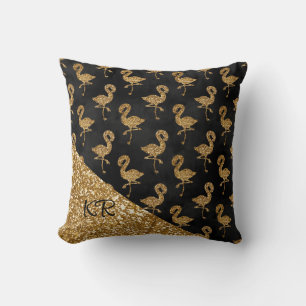 Elegant Gold Glitter Flamingo Pattern Monogrammed Cushion