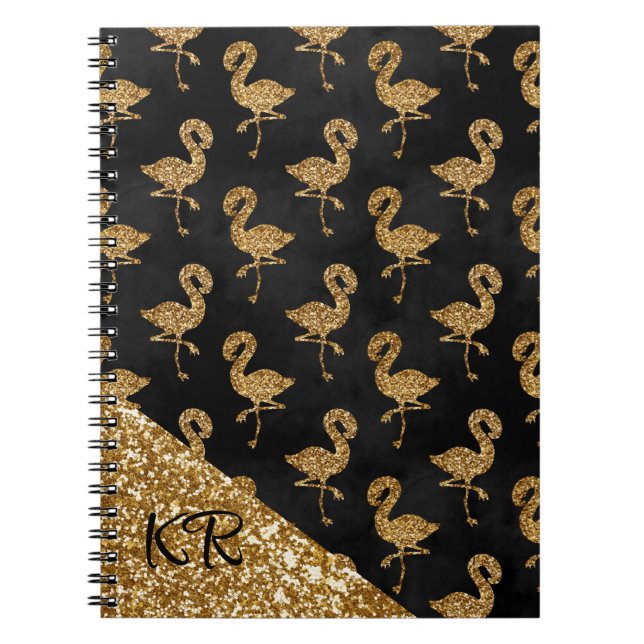Elegant Gold Glitter Flamingo Pattern Monogrammed Notebook (Front)