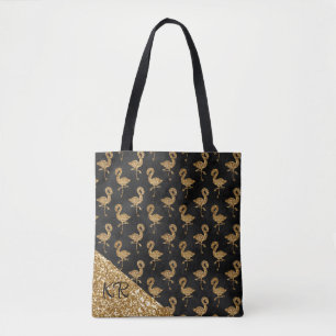 Elegant Gold Glitter Flamingo Pattern Monogrammed Tote Bag