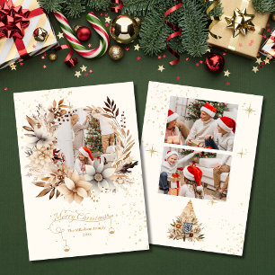 Elegant Gold Glitter Floral  3 Photo Christmas Holiday Card