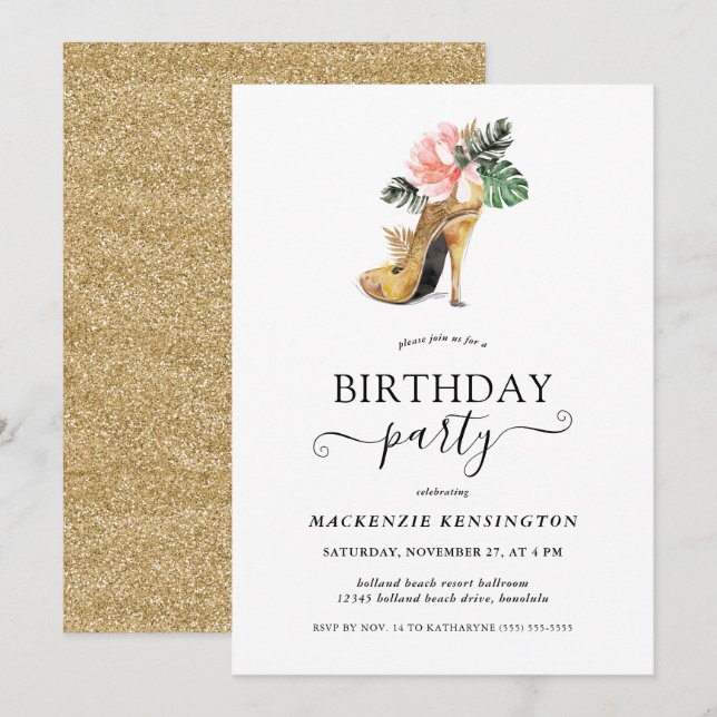 Elegant Gold Glitter Floral Gold Heels Birthday Invitation (Front/Back)
