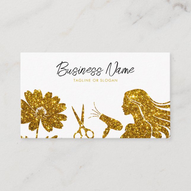 Elegant Gold Glitter Floral Hairdresser Appointment Card (Front)
