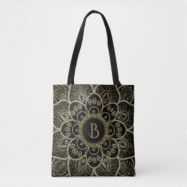 Elegant Gold Glitter Floral Mandala On Black Tote Bag (Front)