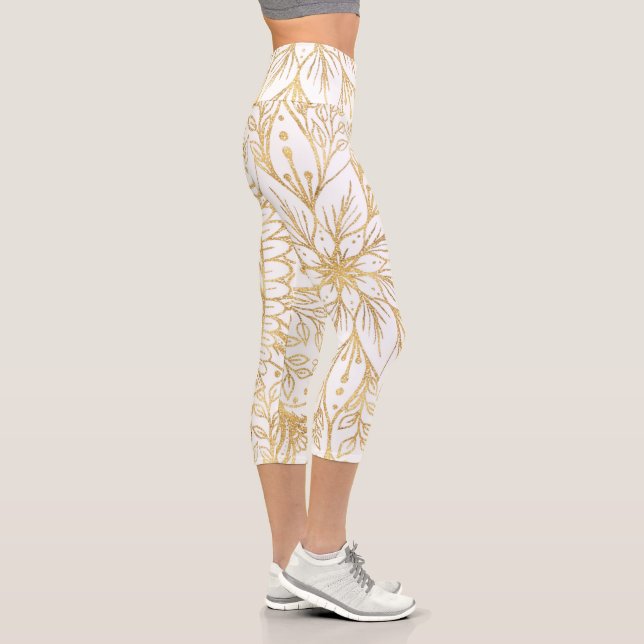 Elegant Gold Glitter Flower Mandala White Design Capri Leggings (Right)
