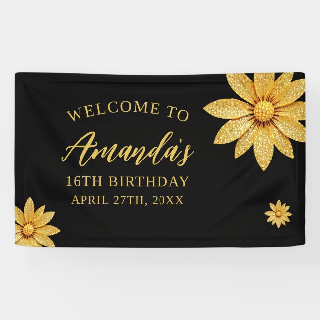 Elegant Gold Glitter Flower Sweet 16 Birthday Banner (Horizontal)