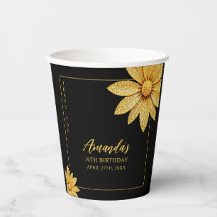 Elegant Gold Glitter Flower Sweet 16 Birthday Paper Cups