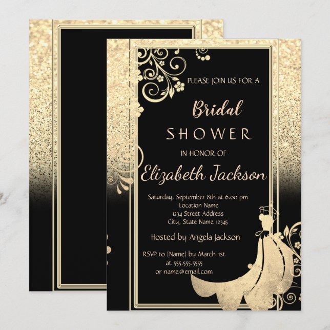 Elegant Gold Glitter  Flowers Dress Bridal Shower Invitation (Front/Back)