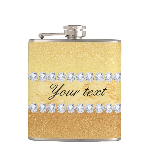 Elegant Gold Glitter Foil and Diamonds Hip Flask (Front)