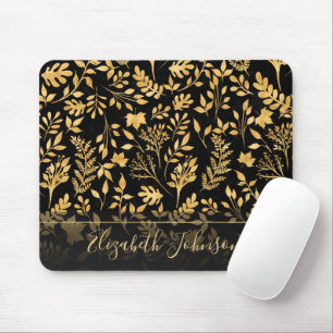 Elegant Gold Glitter Foliage Black Design Mouse Mat