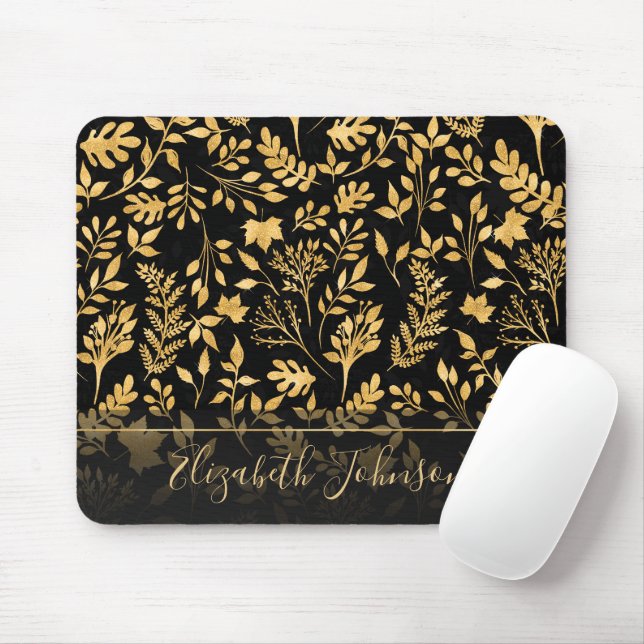 Elegant Gold Glitter Foliage Black Design Mouse Mat (With Mouse)