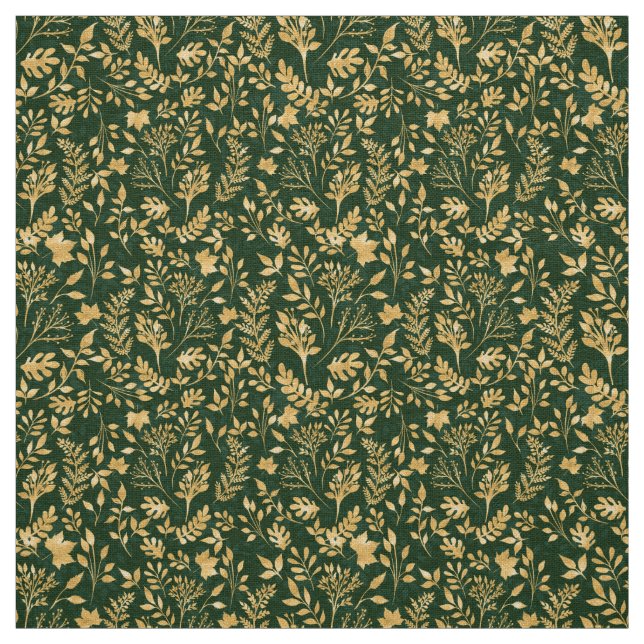 Elegant Gold Glitter Foliage Forest Green Design Fabric (Swatch)