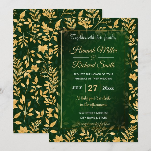 Elegant Gold Glitter Foliage Forest Green Design Invitation (Front/Back)