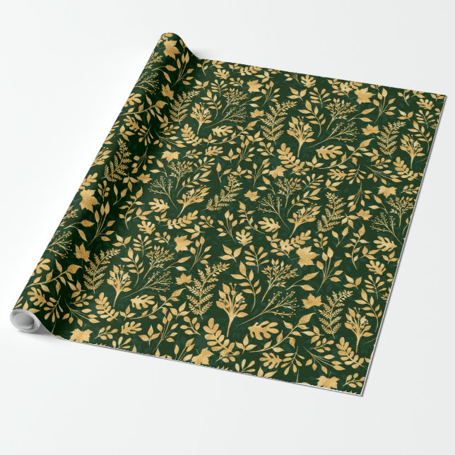 Elegant Gold Glitter Foliage Forest Green Design Wrapping Paper (Unrolled)