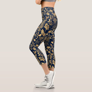 Elegant Gold Glitter Foliage Navy-Blue Design Capri Leggings