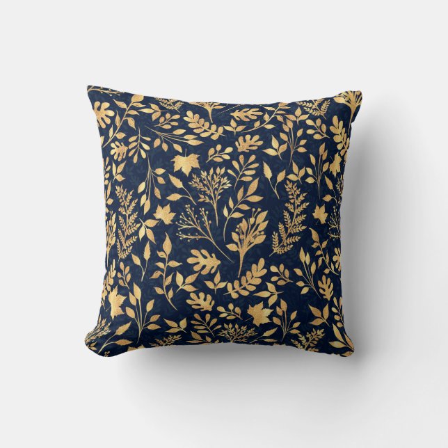 Elegant Gold Glitter Foliage Navy-Blue Design Cushion (Front)