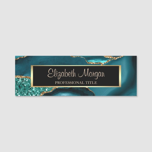 Elegant Gold Glitter, Frame Emerald Green Name Tag (Front)