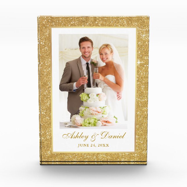 Elegant Gold Glitter Frame Wedding Photo Block (Front)