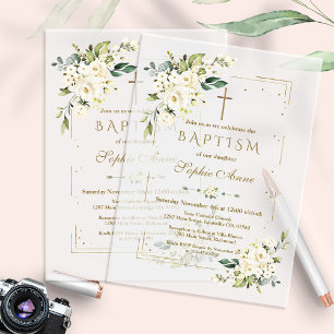 Elegant Gold Glitter Frame White Floral Baptism Vellum Invitations