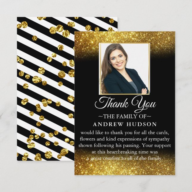 Elegant Gold Glitter Funeral Photo Thank You Card (Front/Back)