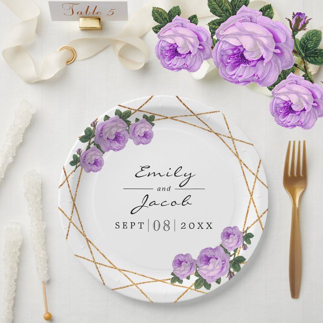 Elegant Gold Glitter Geo Purple Floral Wedding Paper Plate (Elegant Gold Glitter Geo Purple Floral Wedding Paper Plates)