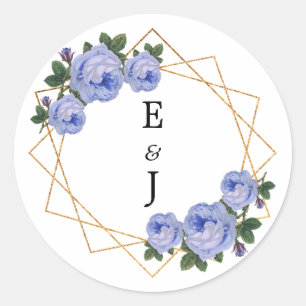 Elegant Gold Glitter Geometric Blue Floral Wedding Classic Round Sticker