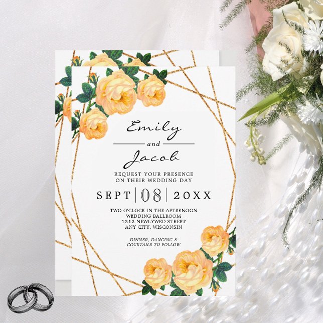 Elegant Gold Glitter Geometric Orange Floral Wed Announcement (Creator Uploaded)
