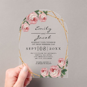 Elegant Gold Glitter Geometric Pink Floral Wedding Acrylic Invitations