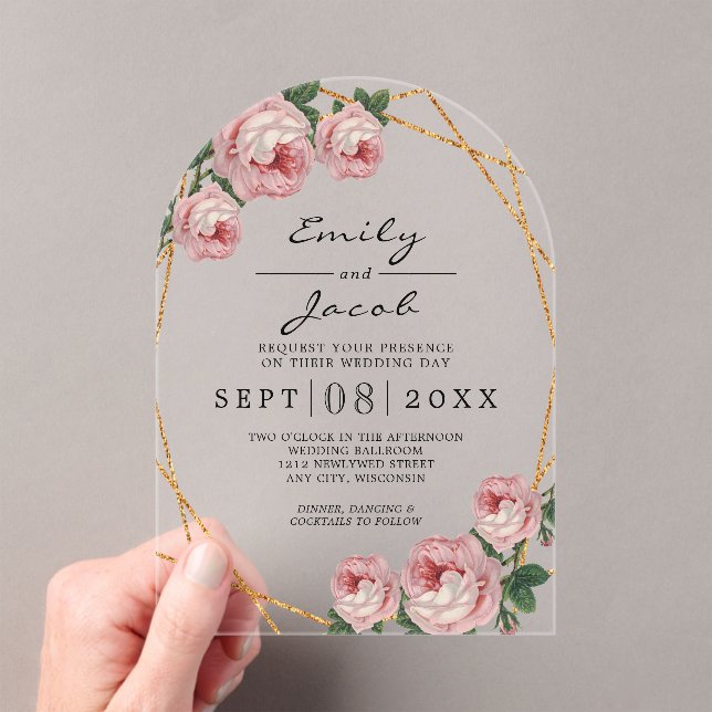 Elegant Gold Glitter Geometric Pink Floral Wedding Acrylic Invitations (Insitu (Handheld))