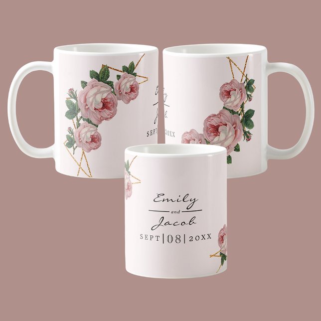 Elegant Gold Glitter Geometric Pink Floral Wedding Coffee Mug (Elegant Gold Glitter Geometric Pink Floral Wedding Coffee Mug)