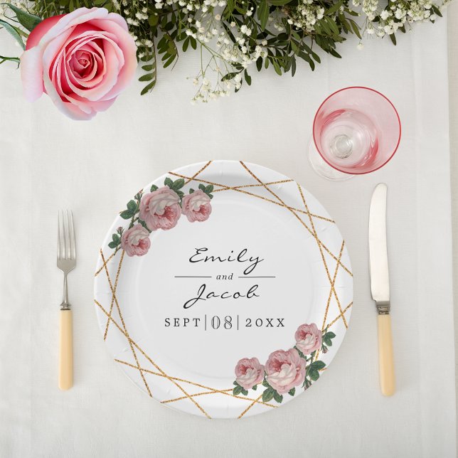 Elegant Gold Glitter Geometric Pink Floral Wedding Paper Plate (Elegant Gold Glitter Geometric Pink Floral Wedding Paper Plates)
