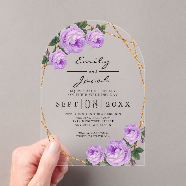 Elegant Gold Glitter Geometric Purple Floral Wed Acrylic Invitations (Insitu (Handheld))