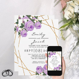 Elegant Gold Glitter Geometric Purple Floral Wed Announcement