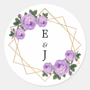 Elegant Gold Glitter Geometric Purple Floral Wed Classic Round Sticker