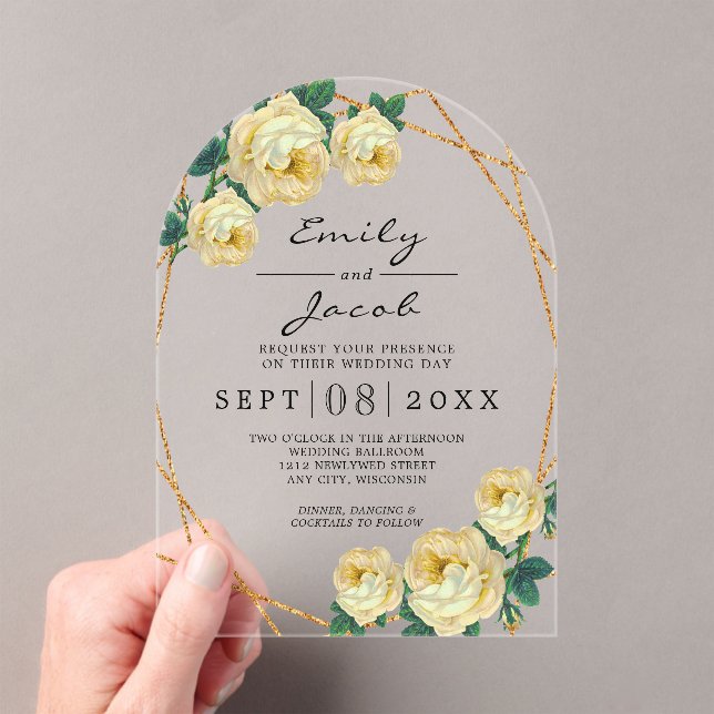 Elegant Gold Glitter Geometric Yellow Floral Wed Acrylic Invitations (Insitu (Handheld))